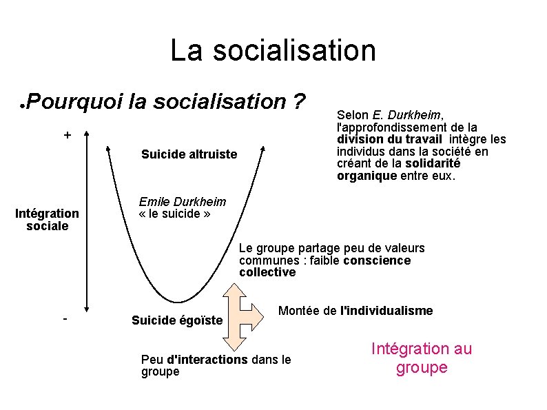 La socialisation ● Pourquoi la socialisation ? + Suicide altruiste Intégration sociale Selon E.