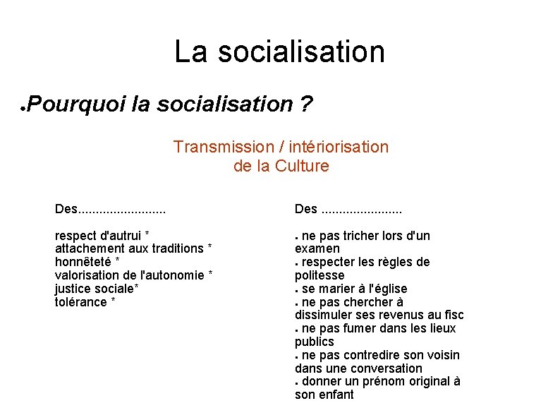 La socialisation ● Pourquoi la socialisation ? Transmission / intériorisation de la Culture Des.