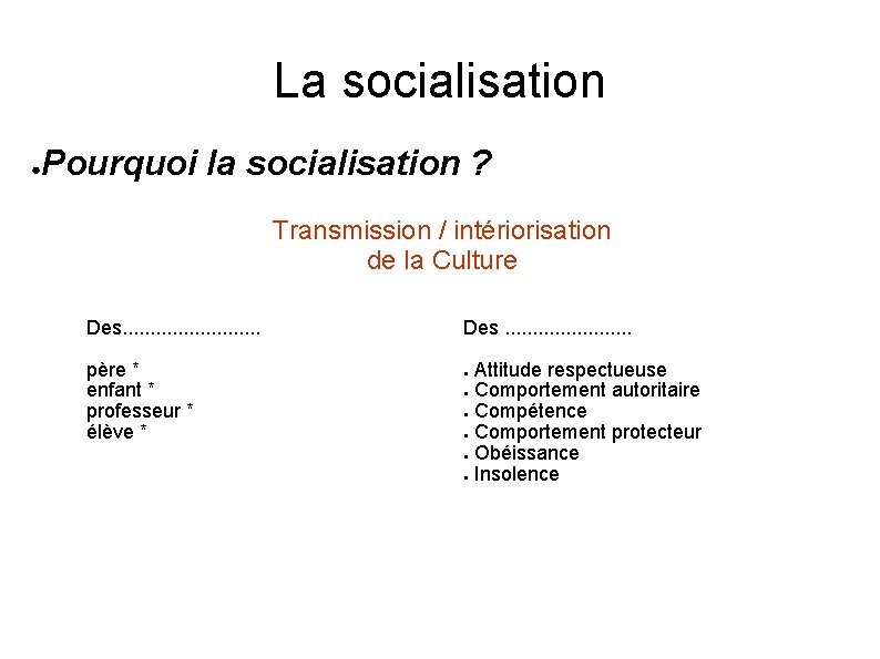 La socialisation ● Pourquoi la socialisation ? Transmission / intériorisation de la Culture Des.