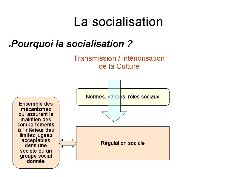 La socialisation ● Pourquoi la socialisation ? Transmission / intériorisation de la Culture Normes,