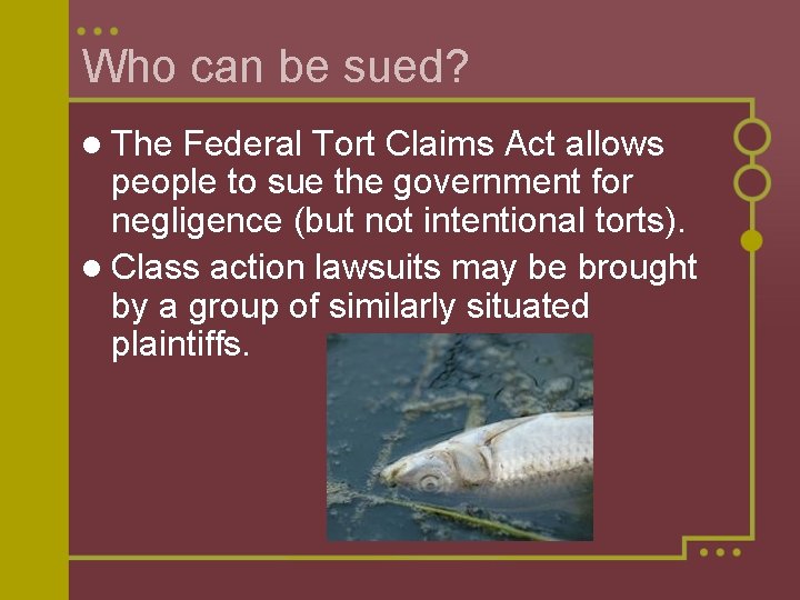 Who can be sued? l The Federal Tort Claims Act allows people to sue
