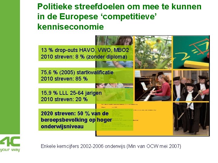 Politieke streefdoelen om mee te kunnen in de Europese ‘competitieve’ kenniseconomie 13 % drop-outs Politieke streefdoelen om mee te kunnen in de Europese ‘competitieve’ kenniseconomie 13 % drop-outs