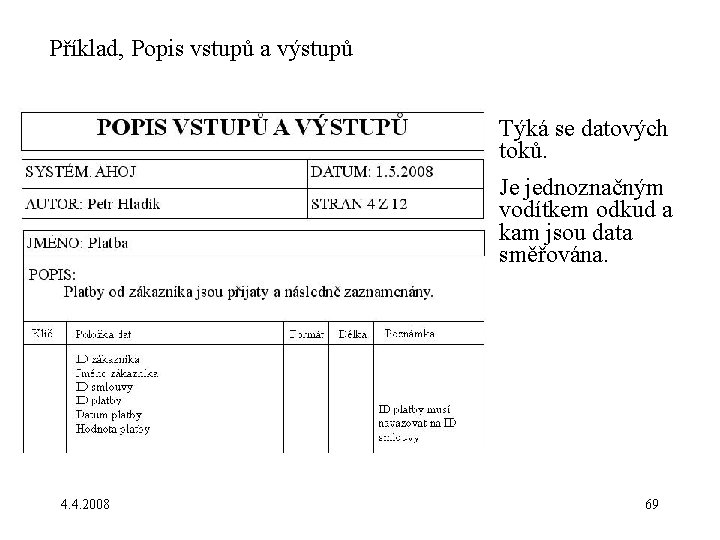 Příklad, Popis vstupů a výstupů Týká se datových toků. Je jednoznačným vodítkem odkud a