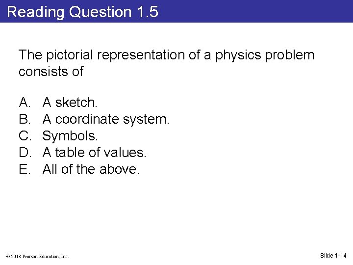 Reading Question 1. 5 The pictorial representation of a physics problem consists of A.