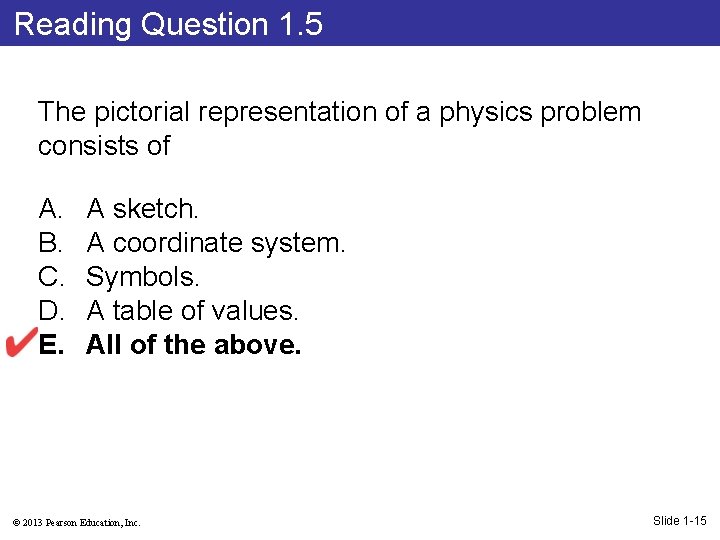 Reading Question 1. 5 The pictorial representation of a physics problem consists of A.