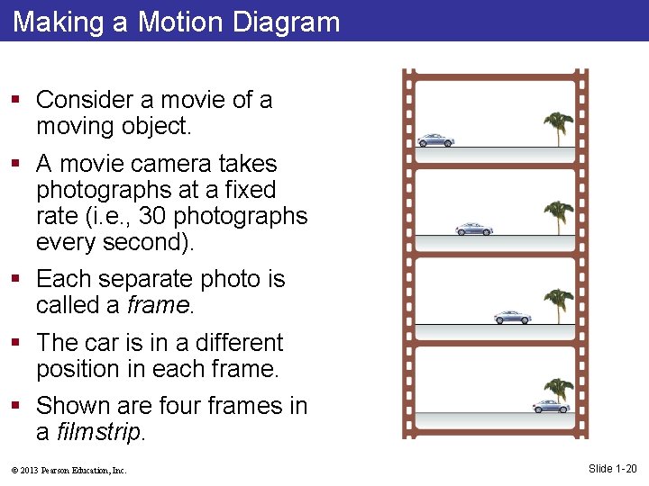 Making a Motion Diagram § Consider a movie of a moving object. § A