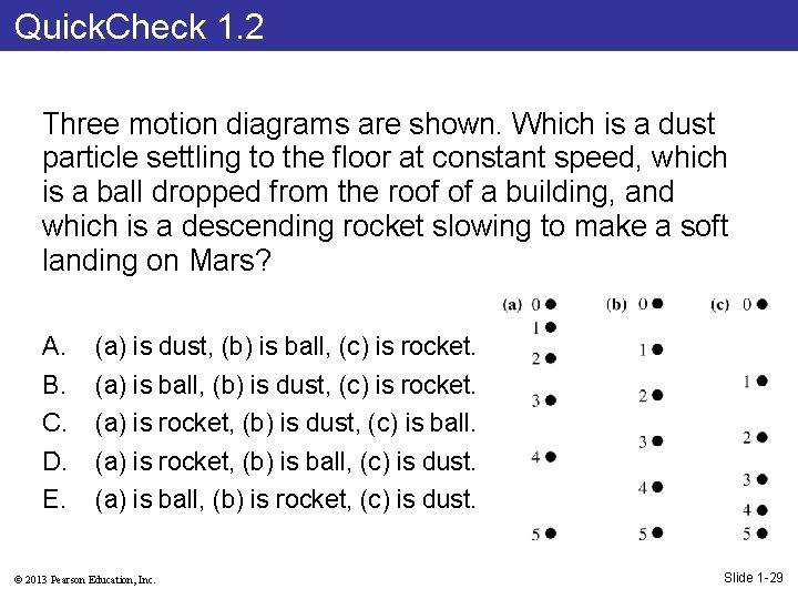 Quick. Check 1. 2 Three motion diagrams are shown. Which is a dust particle