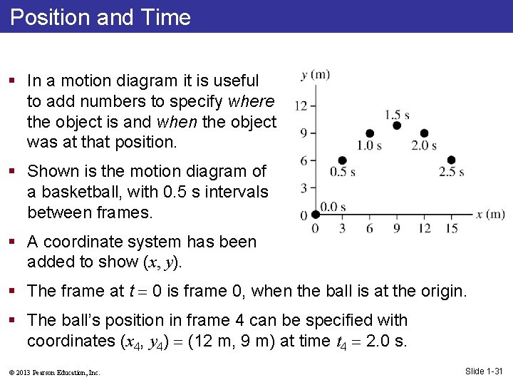 Position and Time § In a motion diagram it is useful to add numbers