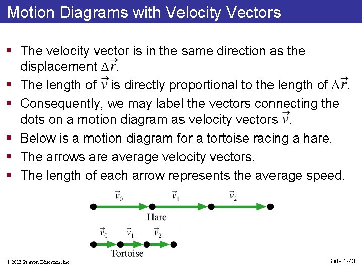 Motion Diagrams with Velocity Vectors § The velocity vector is in the same direction
