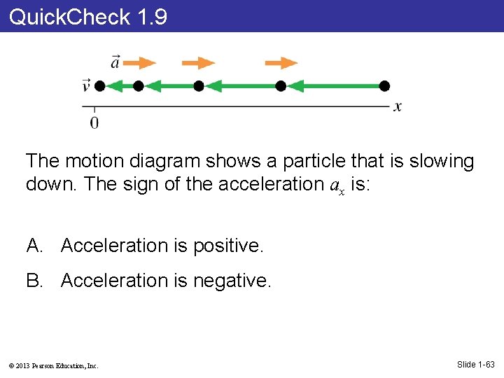 Quick. Check 1. 9 The motion diagram shows a particle that is slowing down.