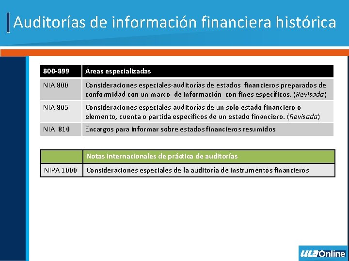 Auditorías de información financiera histórica 800 -899 Áreas especializadas NIA 800 Consideraciones especiales-auditorías de