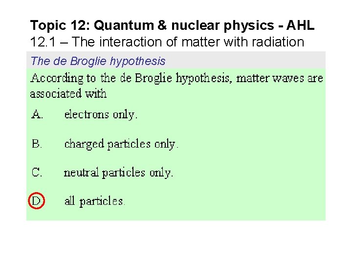 Topic 12: Quantum & nuclear physics - AHL 12. 1 – The interaction of Topic 12: Quantum & nuclear physics - AHL 12. 1 – The interaction of