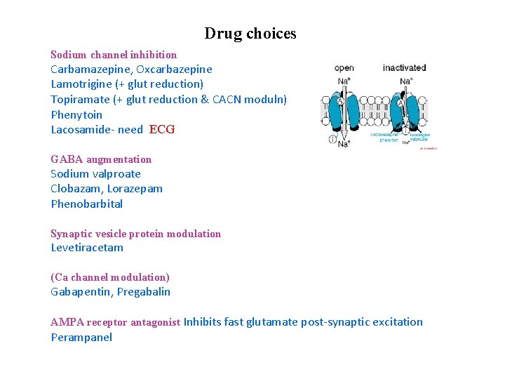 Drug choices Sodium channel inhibition Carbamazepine, Oxcarbazepine Lamotrigine (+ glut reduction) Topiramate (+ glut