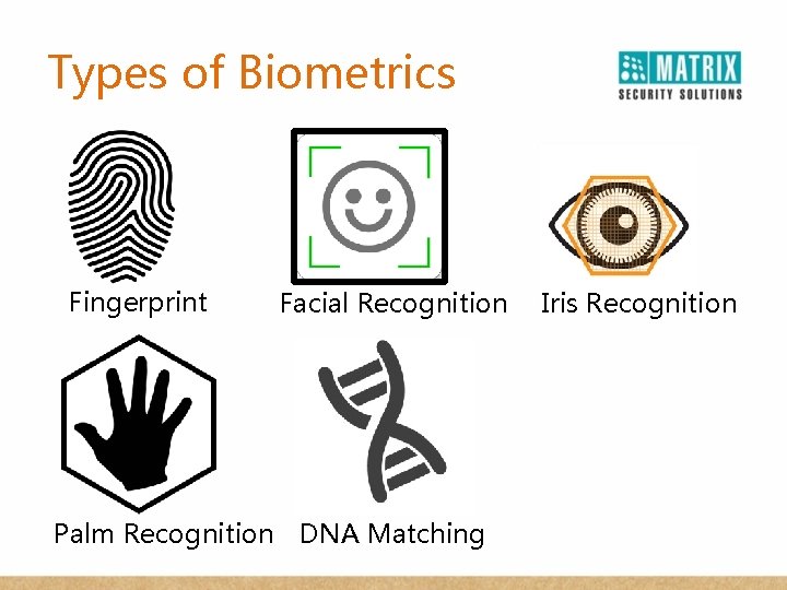 Types of Biometrics Fingerprint Facial Recognition Palm Recognition DNA Matching Iris Recognition 
