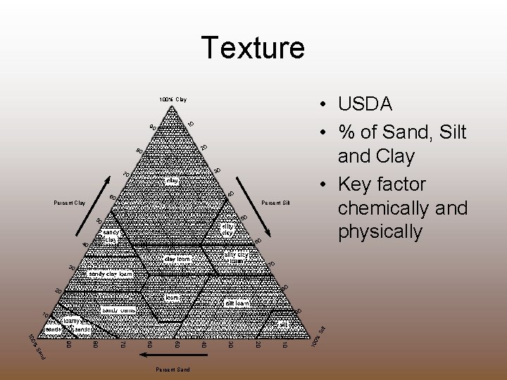 Texture • USDA • % of Sand, Silt and Clay • Key factor chemically
