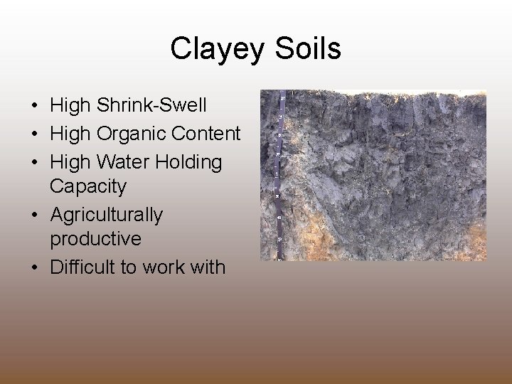 Clayey Soils • High Shrink-Swell • High Organic Content • High Water Holding Capacity