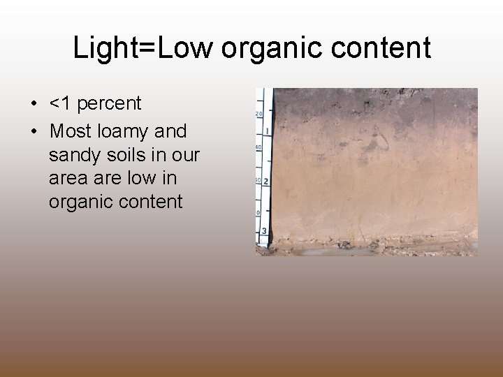 Light=Low organic content • <1 percent • Most loamy and sandy soils in our