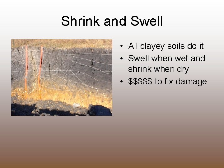 Shrink and Swell • All clayey soils do it • Swell when wet and