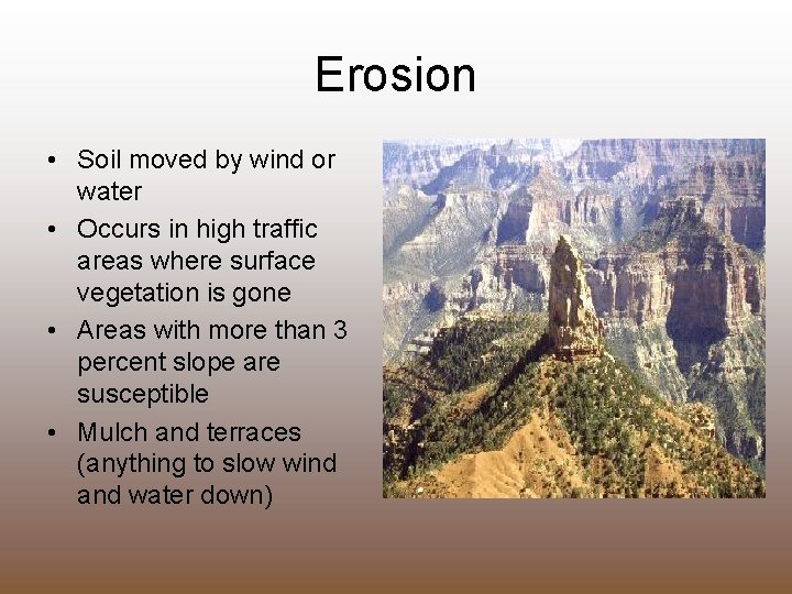 Erosion • Soil moved by wind or water • Occurs in high traffic areas