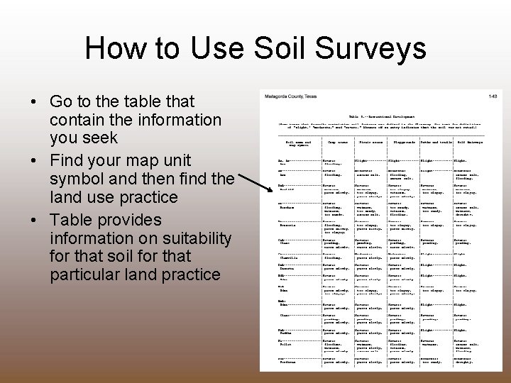 How to Use Soil Surveys • Go to the table that contain the information