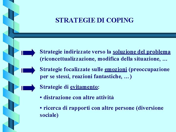 STRATEGIE DI COPING Strategie indirizzate verso la soluzione del problema (riconcettualizzazione, modifica della situazione,