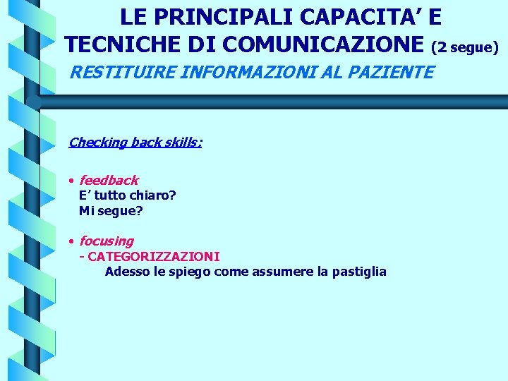 LE PRINCIPALI CAPACITA’ E TECNICHE DI COMUNICAZIONE (2 segue) RESTITUIRE INFORMAZIONI AL PAZIENTE Checking