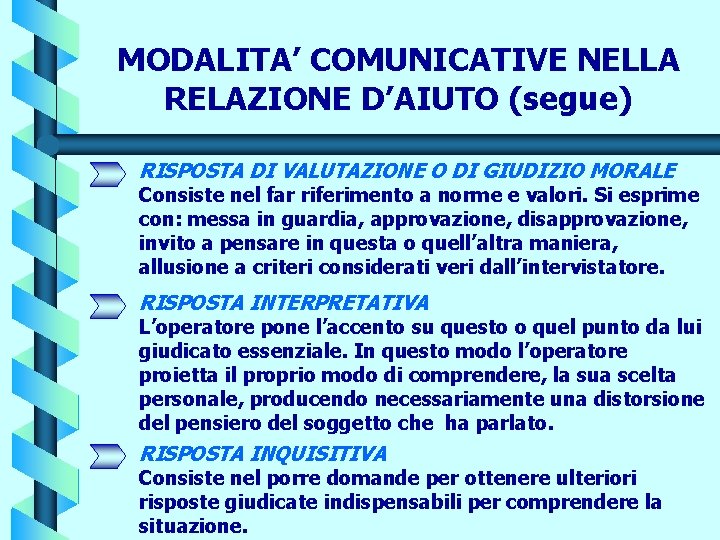 MODALITA’ COMUNICATIVE NELLA RELAZIONE D’AIUTO (segue) RISPOSTA DI VALUTAZIONE O DI GIUDIZIO MORALE Consiste