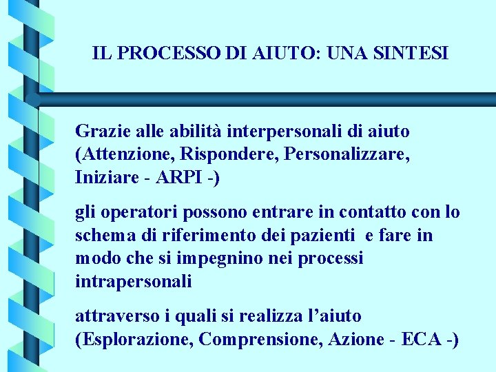 IL PROCESSO DI AIUTO: UNA SINTESI Grazie alle abilità interpersonali di aiuto (Attenzione, Rispondere,