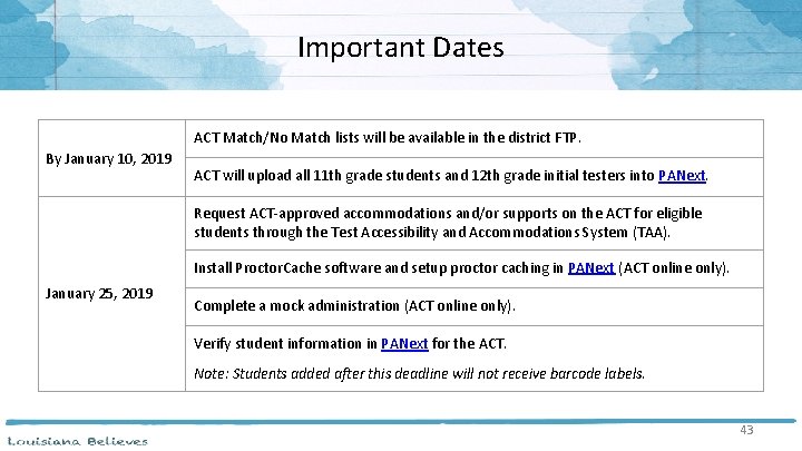 Important Dates ACT Match/No Match lists will be available in the district FTP. By