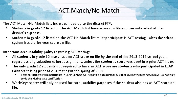 ACT Match/No Match The ACT Match/No Match lists have been posted to the district