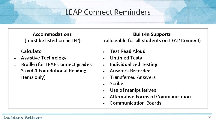 LEAP Connect Reminders Accommodations (must be listed on an IEP) ● ● ● Calculator