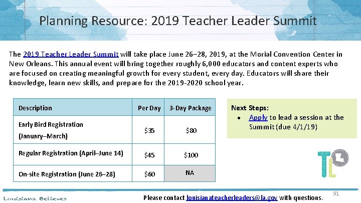 Planning Resource: 2019 Teacher Leader Summit The 2019 Teacher Leader Summit will take place