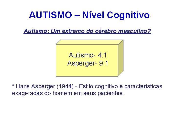 AUTISMO – Nível Cognitivo Autismo: Um extremo do cérebro masculino? Autismo- 4: 1 Asperger-