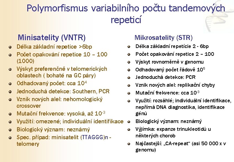 Polymorfismus variabilního počtu tandemových repeticí Minisatelity (VNTR) Mikrosatelity (STR) Délka základní repetice >6 bp