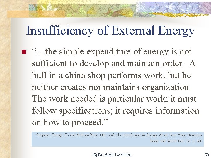 Insufficiency of External Energy n “…the simple expenditure of energy is not sufficient to