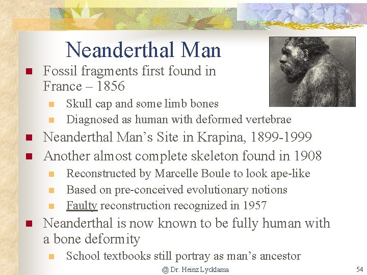 Neanderthal Man n Fossil fragments first found in France – 1856 n n Neanderthal