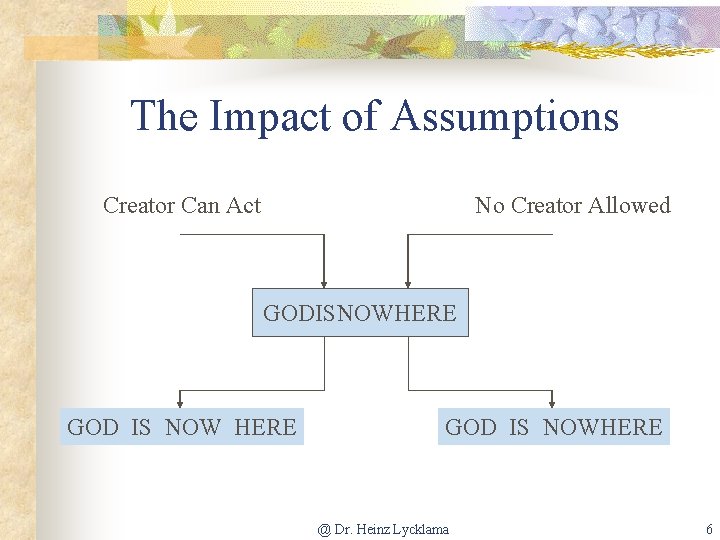 The Impact of Assumptions Creator Can Act No Creator Allowed GODISNOWHERE GOD IS NOWHERE