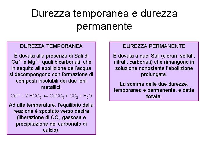 Durezza temporanea e durezza permanente DUREZZA TEMPORANEA DUREZZA PERMANENTE È dovuta alla presenza di Durezza temporanea e durezza permanente DUREZZA TEMPORANEA DUREZZA PERMANENTE È dovuta alla presenza di
