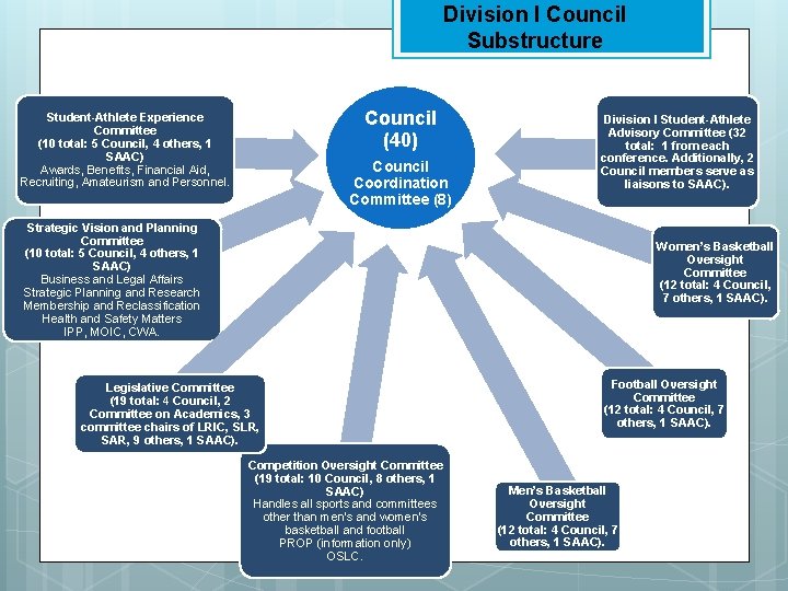 Division I Council Substructure Council (40) Student-Athlete Experience Committee (10 total: 5 Council, 4 Division I Council Substructure Council (40) Student-Athlete Experience Committee (10 total: 5 Council, 4