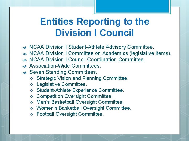 Entities Reporting to the Division I Council NCAA Division I Student-Athlete Advisory Committee. NCAA Entities Reporting to the Division I Council NCAA Division I Student-Athlete Advisory Committee. NCAA