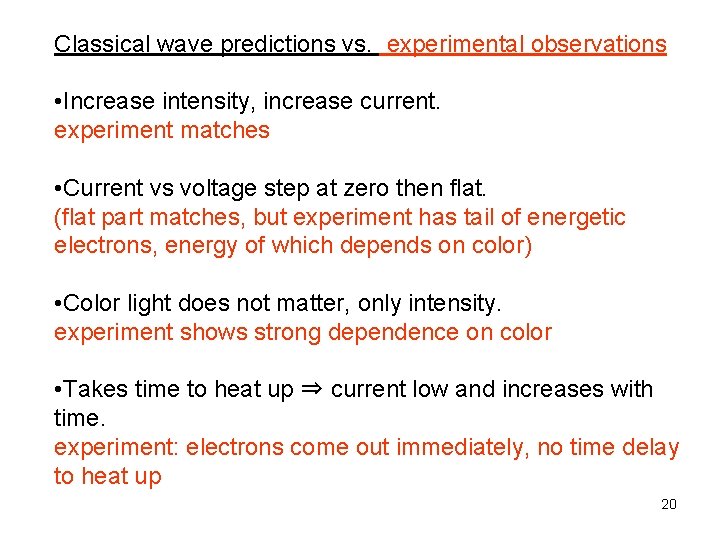 Classical wave predictions vs. experimental observations • Increase intensity, increase current. experiment matches •