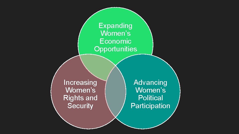 Expanding Women’s Economic Opportunities Increasing Women’s Rights and Security Advancing Women’s Political Participation 