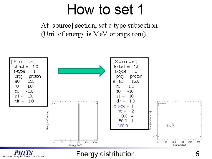 How to set 1 At [source] section, set e-type subsection (Unit of energy is