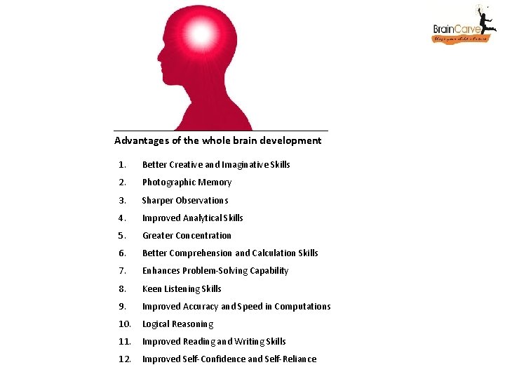 Advantages of the whole brain development 1. Better Creative and Imaginative Skills 2. Photographic