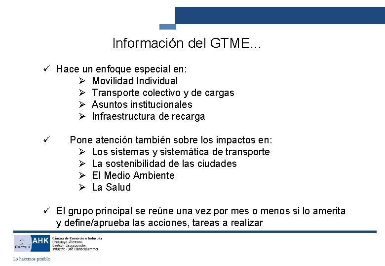 Información del GTME… ü Hace un enfoque especial en: Ø Movilidad Individual Ø Transporte