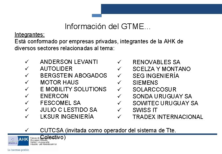 Información del GTME… Integrantes: Está conformado por empresas privadas, integrantes de la AHK de