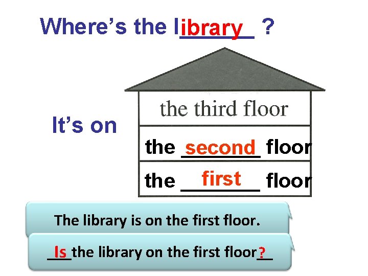 Where’s the l______ ibrary ? It’s on the _______ second floor first floor the