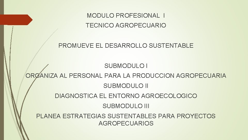 MODULO PROFESIONAL I TECNICO AGROPECUARIO PROMUEVE EL DESARROLLO SUSTENTABLE SUBMODULO I ORGANIZA AL PERSONAL