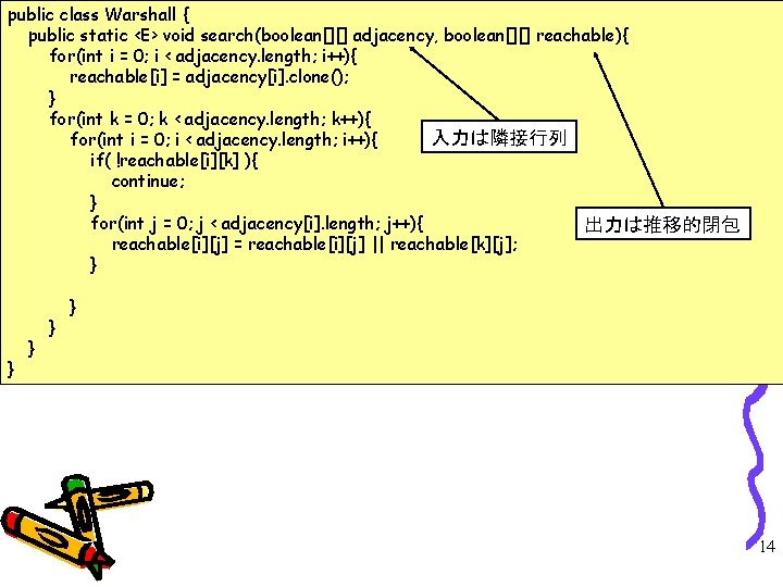 public class Warshall { public static <E> void search(boolean[][] adjacency, boolean[][] reachable){ for(int i
