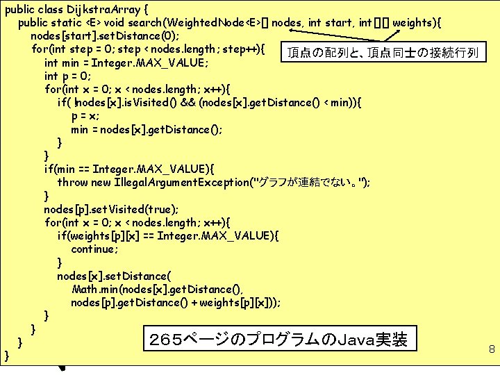 public class Dijkstra. Array { public static <E> void search(Weighted. Node<E>[] nodes, int start,